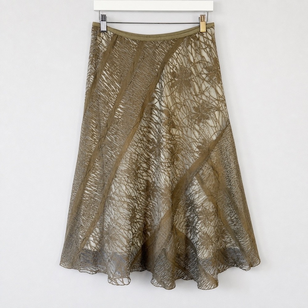 Nic + Zoe Taupe Burnout Mesh Flare Flirt Swing Midi Skirt Floral Sheer Size 8/M